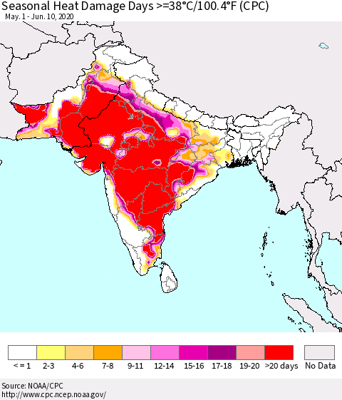 Southern Asia Seasonal Heat Damage Days >=38°C/100°F (CPC) Thematic Map For 5/1/2020 - 6/10/2020