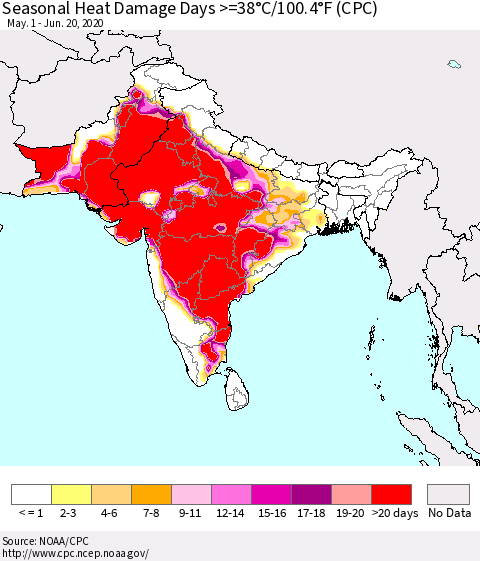 Southern Asia Seasonal Heat Damage Days >=38°C/100°F (CPC) Thematic Map For 5/1/2020 - 6/20/2020