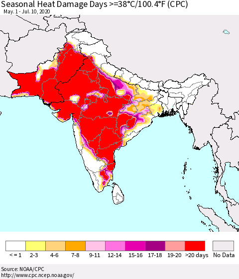 Southern Asia Seasonal Heat Damage Days >=38°C/100°F (CPC) Thematic Map For 5/1/2020 - 7/10/2020