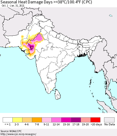 Southern Asia Seasonal Heat Damage Days >=38°C/100.4°F (CPC) Thematic Map For 10/1/2020 - 1/31/2021