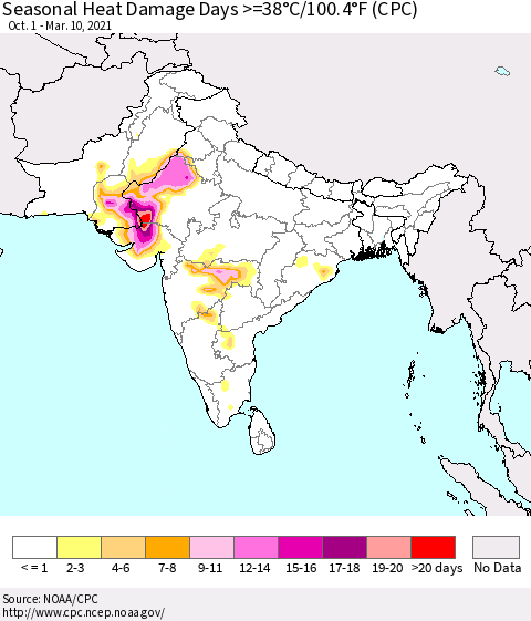 Southern Asia Seasonal Heat Damage Days >=38°C/100°F (CPC) Thematic Map For 10/1/2020 - 3/10/2021