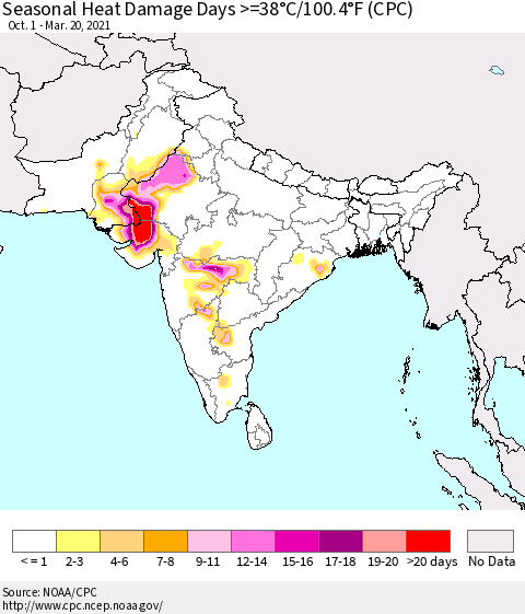Southern Asia Seasonal Heat Damage Days >=38°C/100°F (CPC) Thematic Map For 10/1/2020 - 3/20/2021