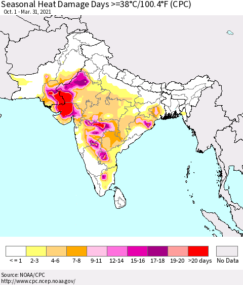 Southern Asia Seasonal Heat Damage Days >=38°C/100°F (CPC) Thematic Map For 10/1/2020 - 3/31/2021