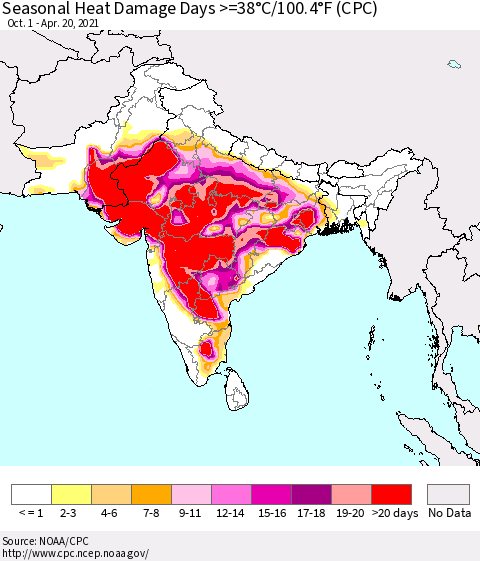 Southern Asia Seasonal Heat Damage Days >=38°C/100°F (CPC) Thematic Map For 10/1/2020 - 4/20/2021