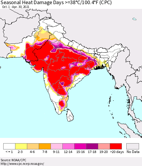 Southern Asia Seasonal Heat Damage Days >=38°C/100.4°F (CPC) Thematic Map For 10/1/2020 - 4/30/2021
