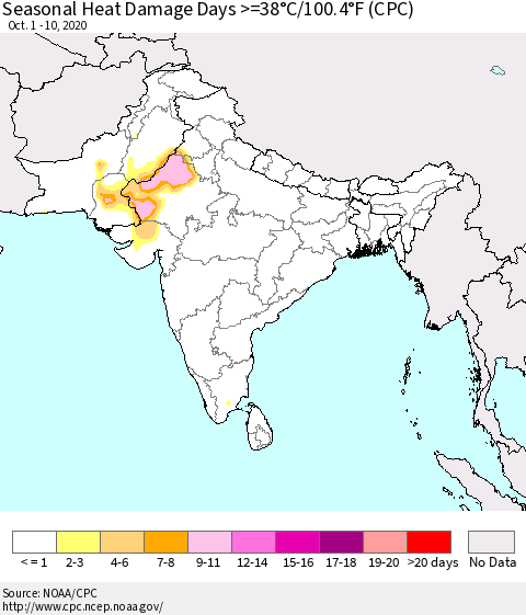 Southern Asia Seasonal Heat Damage Days >=38°C/100°F (CPC) Thematic Map For 10/1/2020 - 10/10/2020