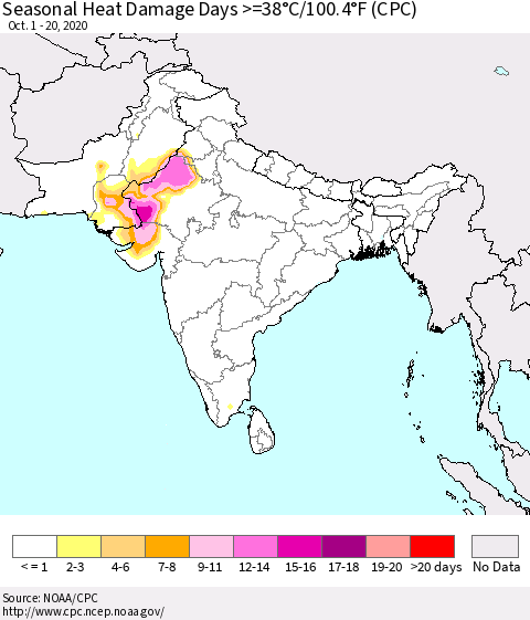 Southern Asia Seasonal Heat Damage Days >=38°C/100.4°F (CPC) Thematic Map For 10/1/2020 - 10/20/2020