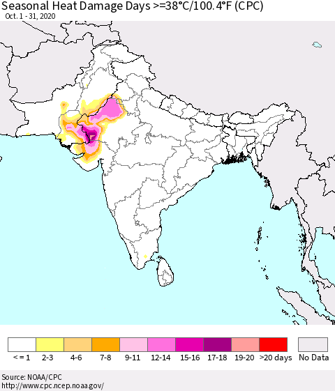 Southern Asia Seasonal Heat Damage Days >=38°C/100°F (CPC) Thematic Map For 10/1/2020 - 10/31/2020