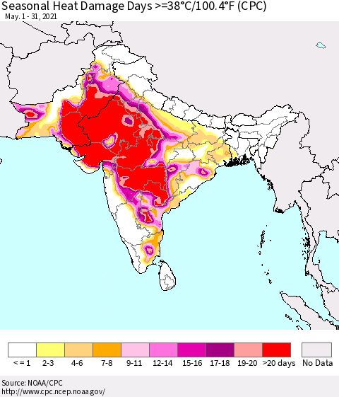 Southern Asia Seasonal Heat Damage Days >=38°C/100°F (CPC) Thematic Map For 5/1/2021 - 5/31/2021