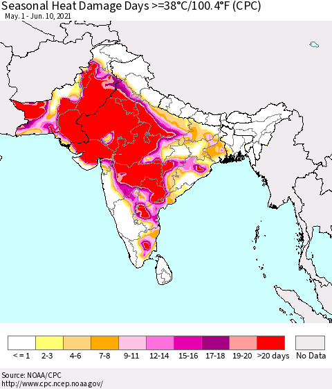 Southern Asia Seasonal Heat Damage Days >=38°C/100°F (CPC) Thematic Map For 5/1/2021 - 6/10/2021