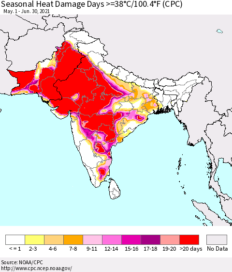Southern Asia Seasonal Heat Damage Days >=38°C/100°F (CPC) Thematic Map For 5/1/2021 - 6/30/2021