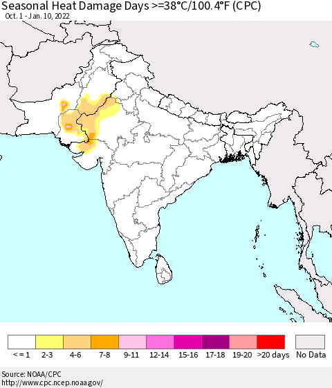 Southern Asia Seasonal Heat Damage Days >=38°C/100°F (CPC) Thematic Map For 10/1/2021 - 1/10/2022