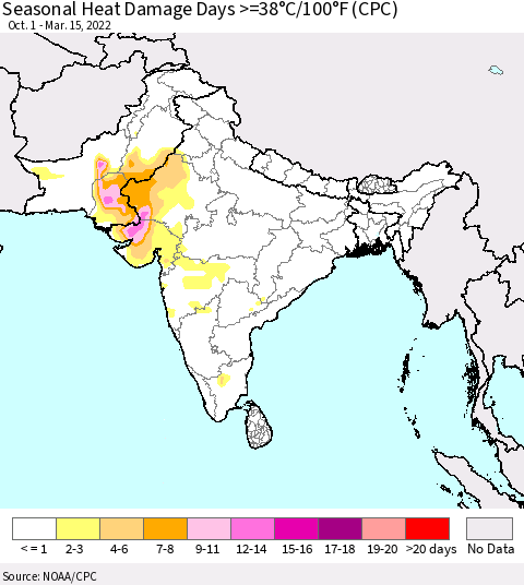 Southern Asia Seasonal Heat Damage Days >=38°C/100°F (CPC) Thematic Map For 10/1/2021 - 3/15/2022