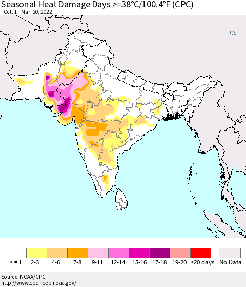 Southern Asia Seasonal Heat Damage Days >=38°C/100°F (CPC) Thematic Map For 10/1/2021 - 3/20/2022