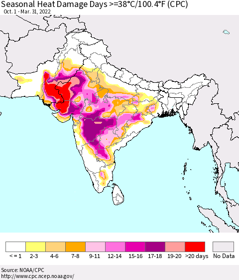 Southern Asia Seasonal Heat Damage Days >=38°C/100°F (CPC) Thematic Map For 10/1/2021 - 3/31/2022