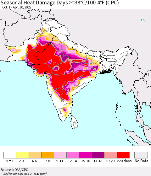 Southern Asia Seasonal Heat Damage Days >=38°C/100°F (CPC) Thematic Map For 10/1/2021 - 4/10/2022