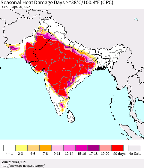Southern Asia Seasonal Heat Damage Days >=38°C/100°F (CPC) Thematic Map For 10/1/2021 - 4/20/2022