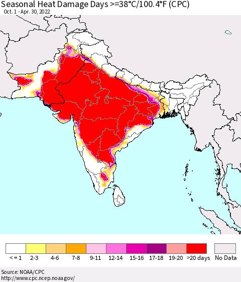 Southern Asia Seasonal Heat Damage Days >=38°C/100°F (CPC) Thematic Map For 10/1/2021 - 4/30/2022