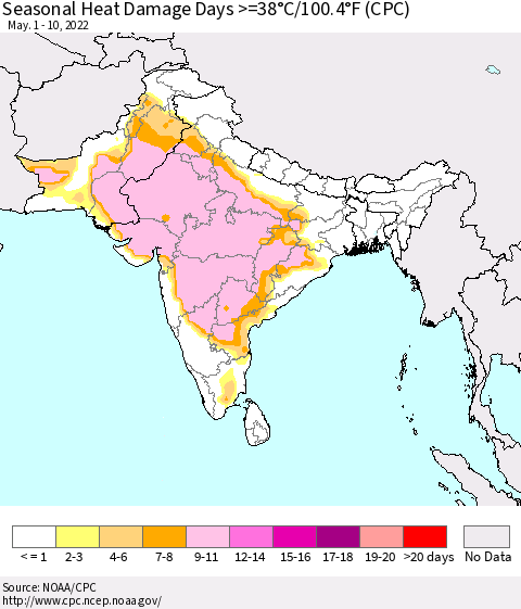 Southern Asia Seasonal Heat Damage Days >=38°C/100.4°F (CPC) Thematic Map For 5/1/2022 - 5/10/2022