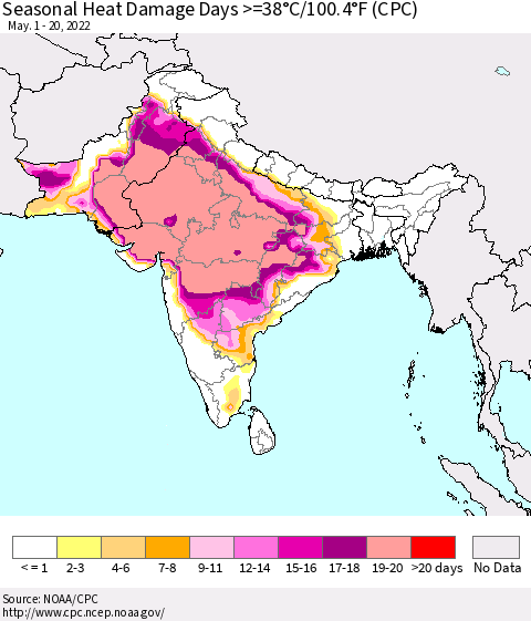 Southern Asia Seasonal Heat Damage Days >=38°C/100°F (CPC) Thematic Map For 5/1/2022 - 5/20/2022