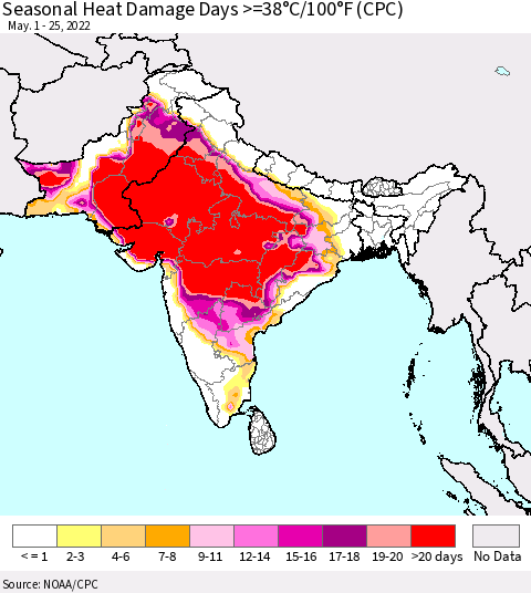 Southern Asia Seasonal Heat Damage Days >=38°C/100°F (CPC) Thematic Map For 5/1/2022 - 5/25/2022