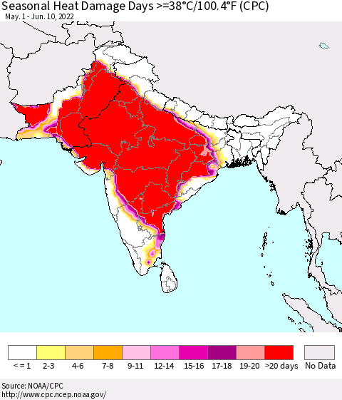 Southern Asia Seasonal Heat Damage Days >=38°C/100.4°F (CPC) Thematic Map For 5/1/2022 - 6/10/2022