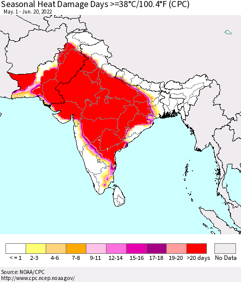 Southern Asia Seasonal Heat Damage Days >=38°C/100.4°F (CPC) Thematic Map For 5/1/2022 - 6/20/2022