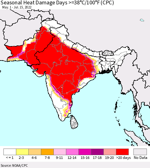 Southern Asia Seasonal Heat Damage Days >=38°C/100°F (CPC) Thematic Map For 5/1/2022 - 7/15/2022