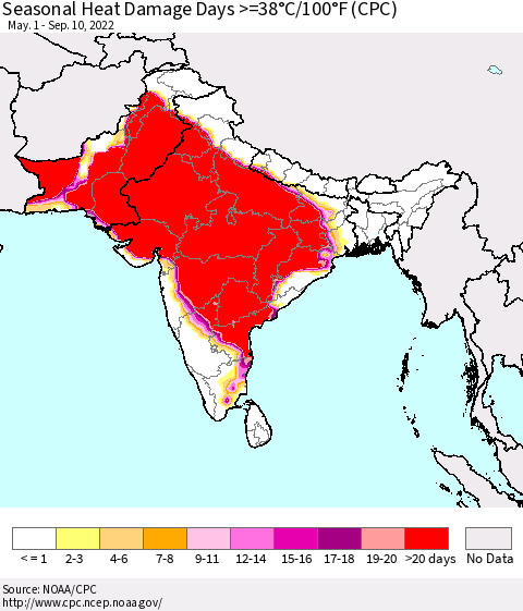 Southern Asia Seasonal Heat Damage Days >=38°C/100°F (CPC) Thematic Map For 5/1/2022 - 9/10/2022