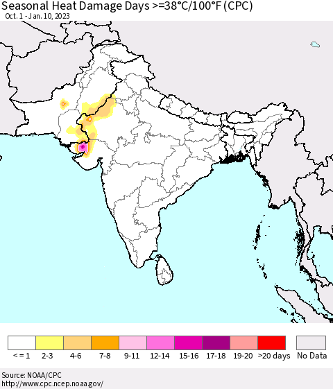 Southern Asia Seasonal Heat Damage Days >=38°C/100°F (CPC) Thematic Map For 10/1/2022 - 1/10/2023