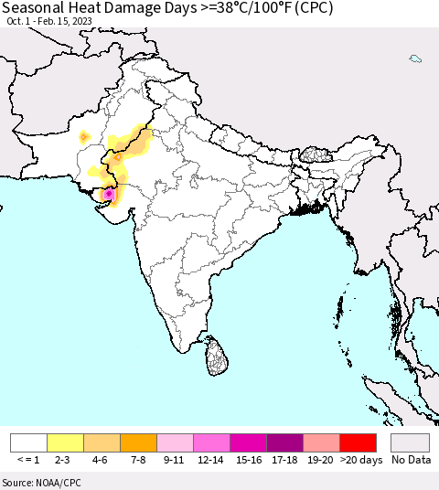 Southern Asia Seasonal Heat Damage Days >=38°C/100°F (CPC) Thematic Map For 10/1/2022 - 2/15/2023