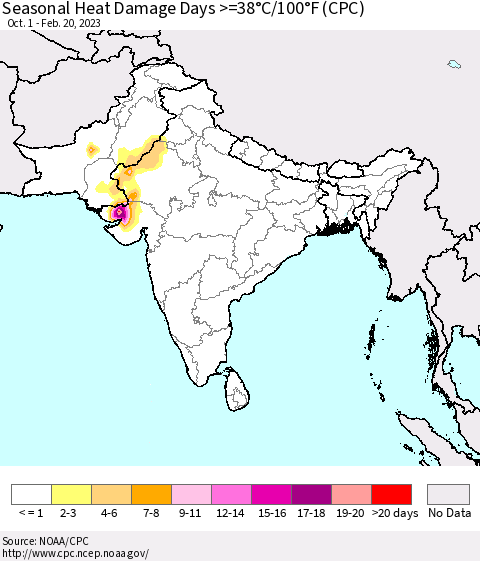 Southern Asia Seasonal Heat Damage Days >=38°C/100°F (CPC) Thematic Map For 10/1/2022 - 2/20/2023