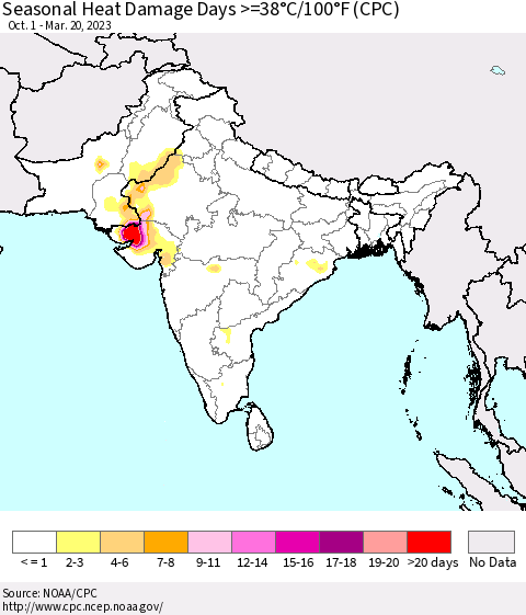 Southern Asia Seasonal Heat Damage Days >=38°C/100°F (CPC) Thematic Map For 10/1/2022 - 3/20/2023