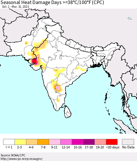 Southern Asia Seasonal Heat Damage Days >=38°C/100°F (CPC) Thematic Map For 10/1/2022 - 3/31/2023
