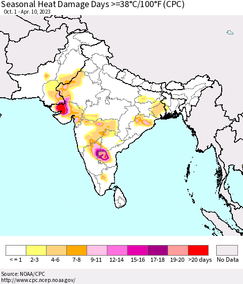 Southern Asia Seasonal Heat Damage Days >=38°C/100°F (CPC) Thematic Map For 10/1/2022 - 4/10/2023