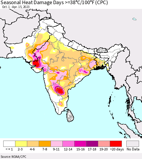 Southern Asia Seasonal Heat Damage Days >=38°C/100°F (CPC) Thematic Map For 10/1/2022 - 4/15/2023