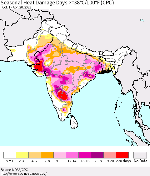 Southern Asia Seasonal Heat Damage Days >=38°C/100°F (CPC) Thematic Map For 10/1/2022 - 4/20/2023