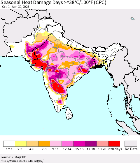 Southern Asia Seasonal Heat Damage Days >=38°C/100°F (CPC) Thematic Map For 10/1/2022 - 4/30/2023