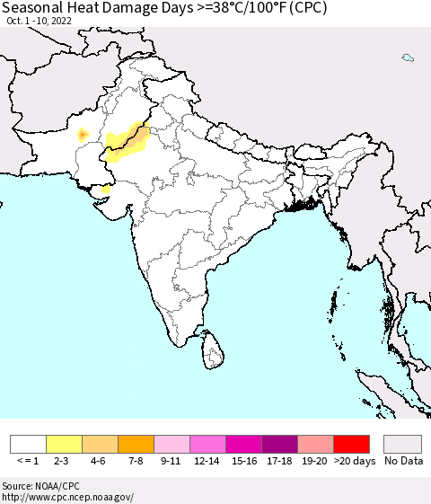 Southern Asia Seasonal Heat Damage Days >=38°C/100°F (CPC) Thematic Map For 10/1/2022 - 10/10/2022
