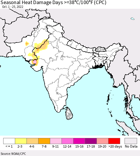 Southern Asia Seasonal Heat Damage Days >=38°C/100°F (CPC) Thematic Map For 10/1/2022 - 10/25/2022