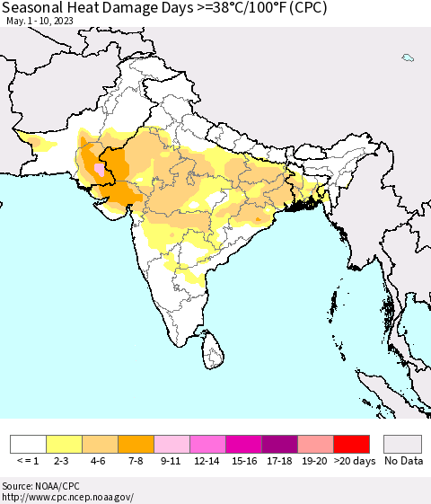 Southern Asia Seasonal Heat Damage Days >=38°C/100°F (CPC) Thematic Map For 5/1/2023 - 5/10/2023