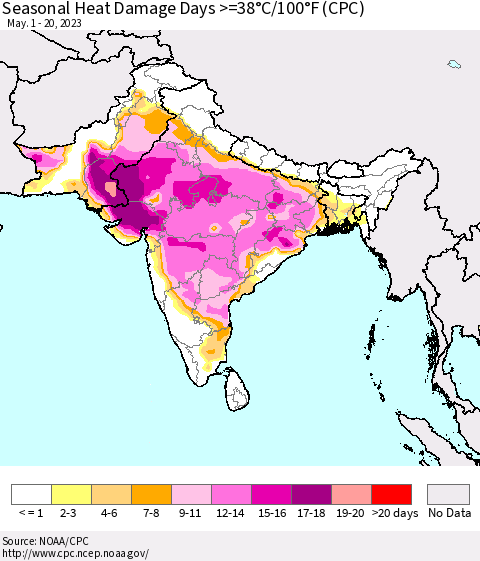 Southern Asia Seasonal Heat Damage Days >=38°C/100°F (CPC) Thematic Map For 5/1/2023 - 5/20/2023