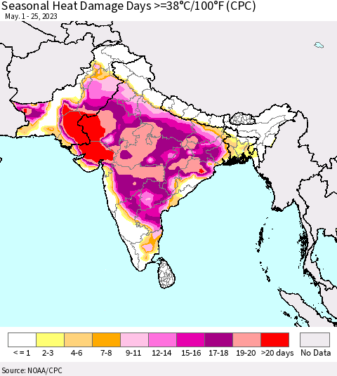 Southern Asia Seasonal Heat Damage Days >=38°C/100°F (CPC) Thematic Map For 5/1/2023 - 5/25/2023