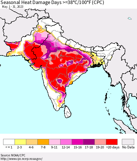 Southern Asia Seasonal Heat Damage Days >=38°C/100°F (CPC) Thematic Map For 5/1/2023 - 5/31/2023