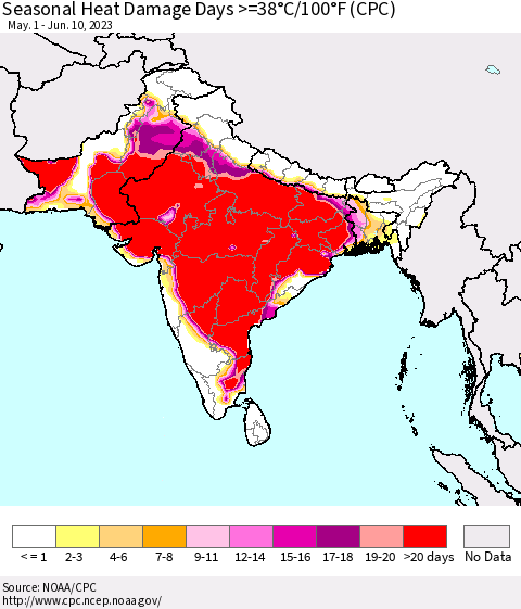 Southern Asia Seasonal Heat Damage Days >=38°C/100°F (CPC) Thematic Map For 5/1/2023 - 6/10/2023