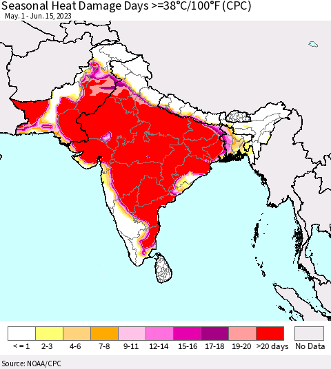 Southern Asia Seasonal Heat Damage Days >=38°C/100°F (CPC) Thematic Map For 5/1/2023 - 6/15/2023