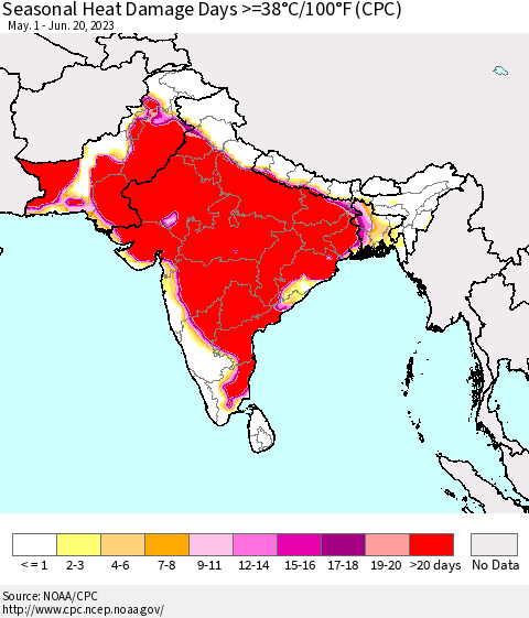 Southern Asia Seasonal Heat Damage Days >=38°C/100°F (CPC) Thematic Map For 5/1/2023 - 6/20/2023