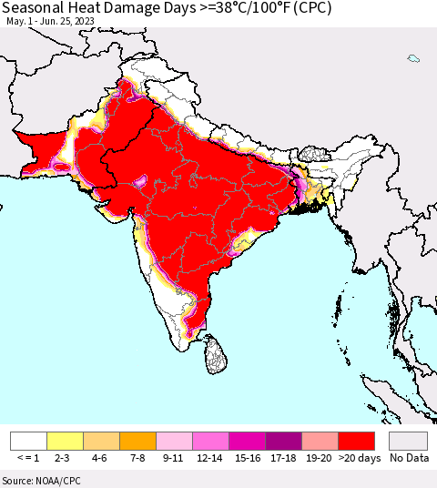 Southern Asia Seasonal Heat Damage Days >=38°C/100°F (CPC) Thematic Map For 5/1/2023 - 6/25/2023