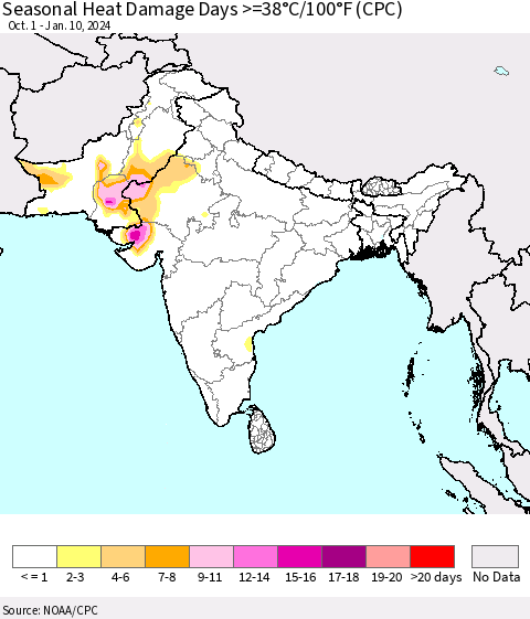 Southern Asia Seasonal Heat Damage Days >=38°C/100°F (CPC) Thematic Map For 10/1/2023 - 1/10/2024