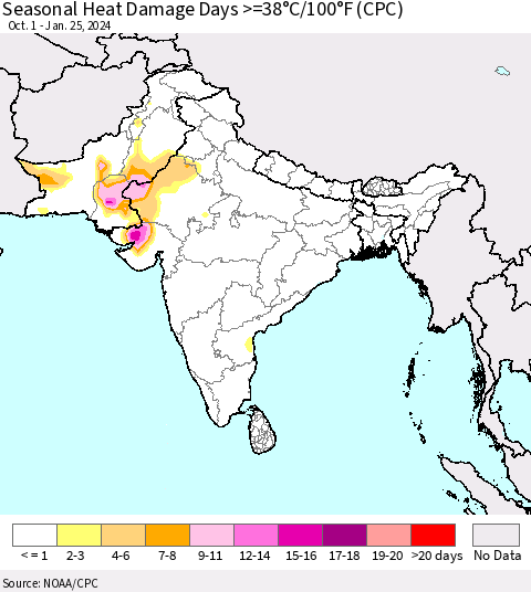 Southern Asia Seasonal Heat Damage Days >=38°C/100°F (CPC) Thematic Map For 10/1/2023 - 1/25/2024